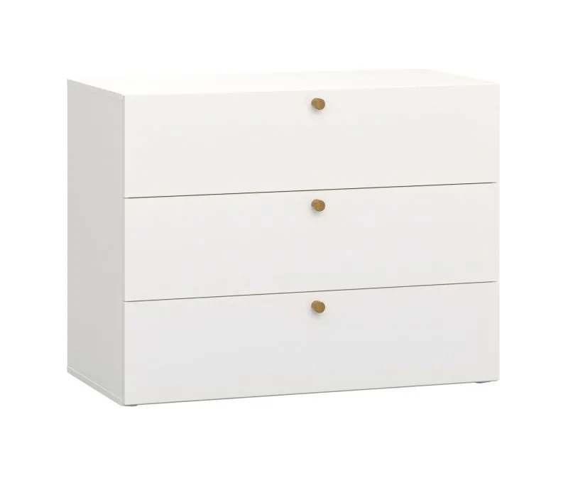 Functionele ladekast met drie lades Aenna 116, kleur: wit, handgrepen: eiken, maten: 76,5 x 101 x 46,5 cm, verstelbare poten, hoogwaardige afwerking