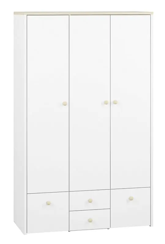 Kinderzimmer - Drehtürenschrank / Kleiderschrank Egvad 01, Farbe: Weiß / Buche - Abmessungen: 193 x 117 x 51 cm (H x B x T), mit 3 Türen, 4 Schubladen und 5 Fächern