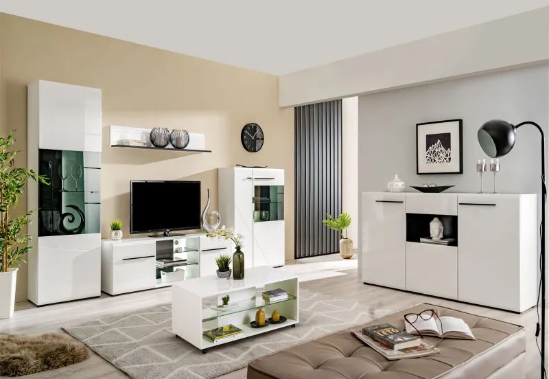 Lichte woonkamer complete set B Idos, 6-delig, kleur: wit / hoogglans wit / zwart, met Parsol-glas, twee vitrine kasten, een ladekast / commode, een tv-kast, een salontafel en een wandplank / wandrek
