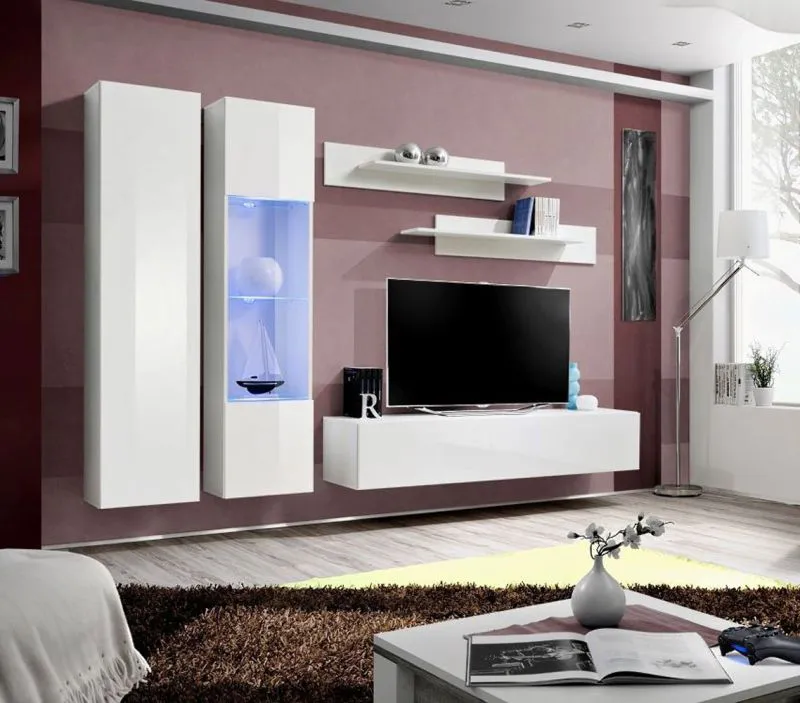 Moderne Wohnzimmer Wand Hompland 18, Farbe: Weiß - Abmessungen: 170 x 260 x 40 cm (H x B x T), mit blauer LED-Beleuchtung