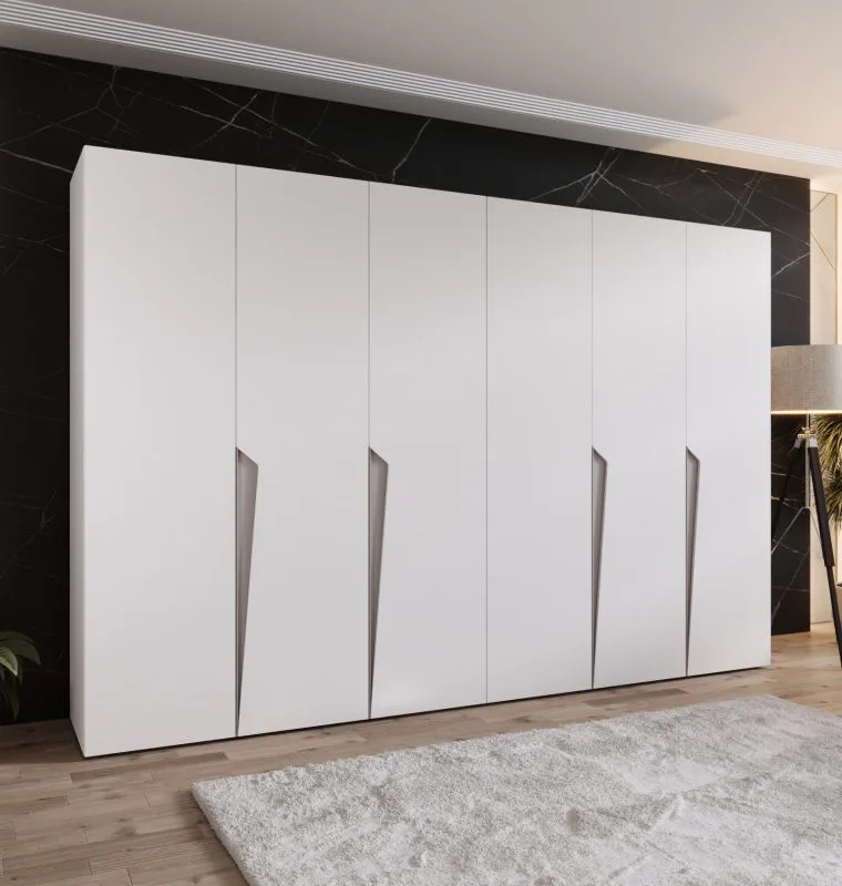 Draaideurkast / kledingkast / Kleur: wit / 4 vakken / 3 meter breedte / Handgrepen: kasjmier / 4 kledingstangen / Soft-Close functie / Maten: 300 x 52 x 202 cm