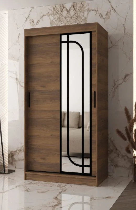Schiebetürenschrank | Farbe: Walnuss Warmia | 100 x 62 x 200 cm | 1 Spiegeltür | 2 Kleiderstangen | schmaler Kleiderschrank | 5 Fächer | Griffe: Schwarz