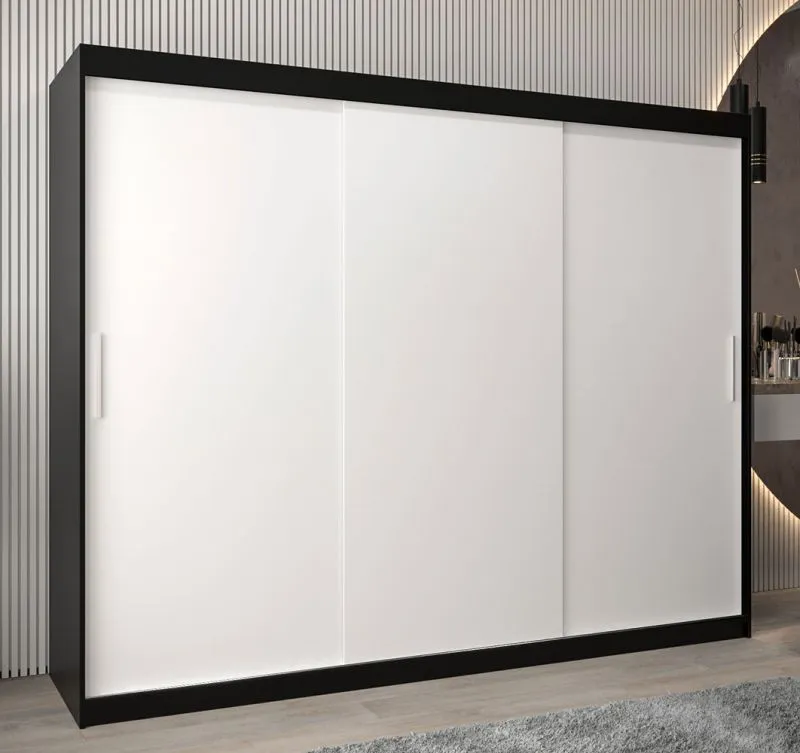 Schuifdeurkast / kledingkast Bisaurin 6A, kleur: Zwart / mat wit - Afmetingen: 200 x 250 x 62 cm ( H x B x D)