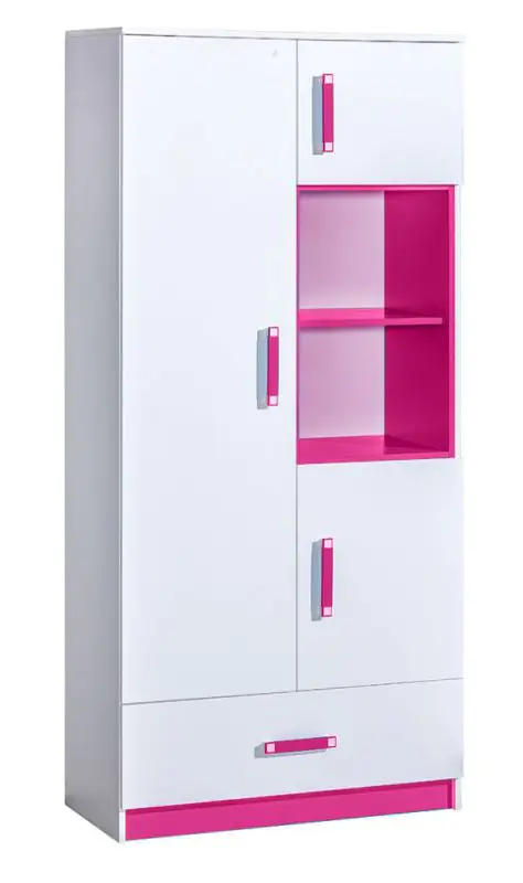Kinderkamer - draaideurkast / kledingkast Frank 03, kleur: wit / roze - 189 x 90 x 40 cm (H x B x D)