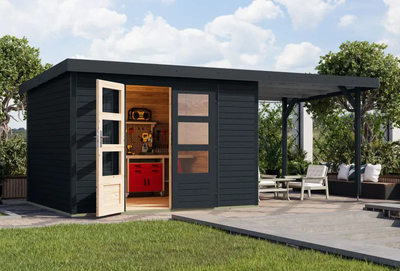 Holz Gartenhaus Anbaudach mit wetterfestem Pultdach, anthrazit, robuster metallverstärkte-Ecken, Doppelflügeltür mit Zylinderschloss, 2,98 × 2,42 m