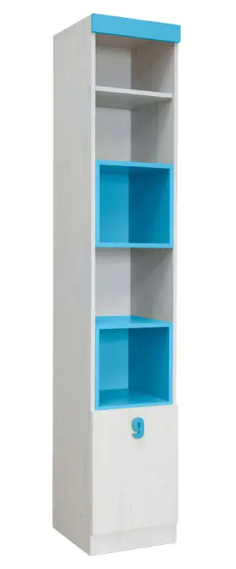 Kinderkamer - open kast Luis 16, kleur: eik wit / blauw - 218 x 40 x 42 cm (h x b x d)