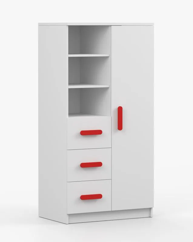 Boekenkast 80 cm breed | wit | Smolikas 45 | 3 lades | rode houten handgrepen | 7 vakken | 159 x 80 x 40 cm | kinderen | jeugd