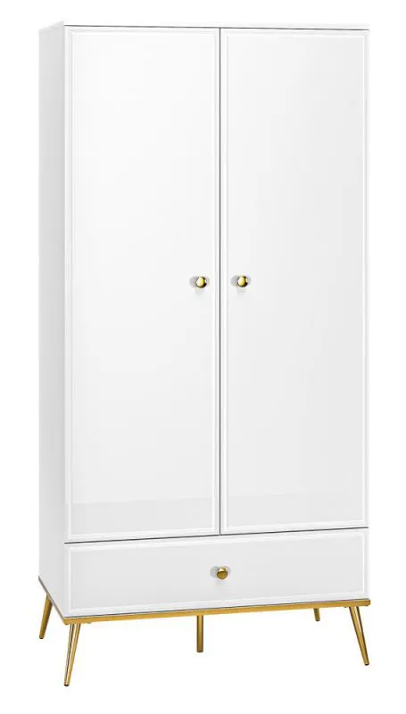 Kledingkast met veel opbergruimte Roanoke 01, kleur: wit / glanzend wit - Afmetingen: 190 x 92 x 53 cm (H x B x D), met 2 deuren, 1 lade en 1 plank