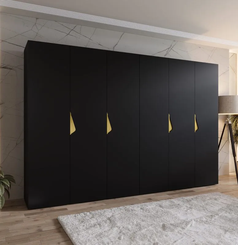 Draaideurkast / kledingkast | Kleur: zwart | 3 meter breedte | 6 deuren | Handgrepen: goud | 4 vakken | Maten: 300 x 52 x 202 cm | 4 kledingstangen