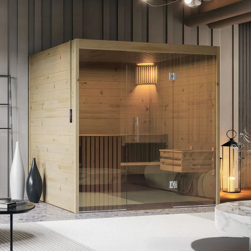 Binnen sauna, elementen sauna Redcentre 03 met 3 ligplaatsen, onbehandeld vurenhout, 196 x 249 x 203 cm, 2 hoofdsteunen, verlichting