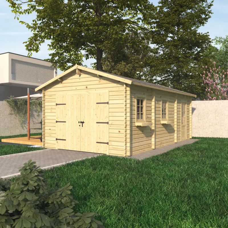 Enkele garage PA 55 / sparren- en dennenhout / grondoppervlakte 27,26 m² / houten garage met zadeldak / dubbele deur, enkel raam en enkele deur