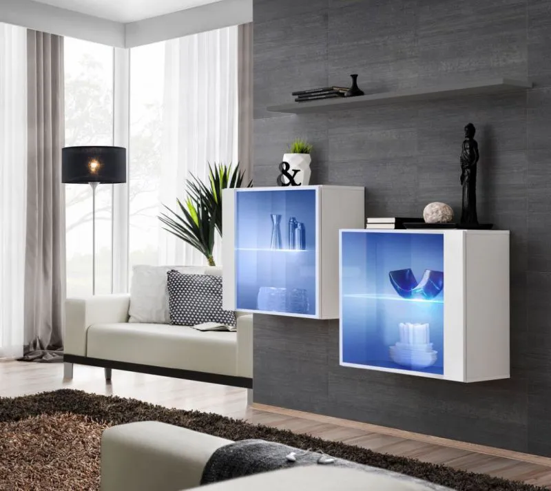 Twee elegante wandkasten met LED-verlichting Balestrand 360, kleur: wit/grijs - Afmetingen: 110 x 130 x 30 cm (H x B x D), met wandplank
