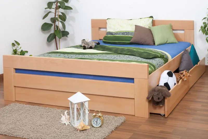 Tweepersoonsbed / functioneel bed "Easy Premium Line" K6 incl. 2 laden en 1 afdekplaat 180 x 200 cm massief beukenhout naturel