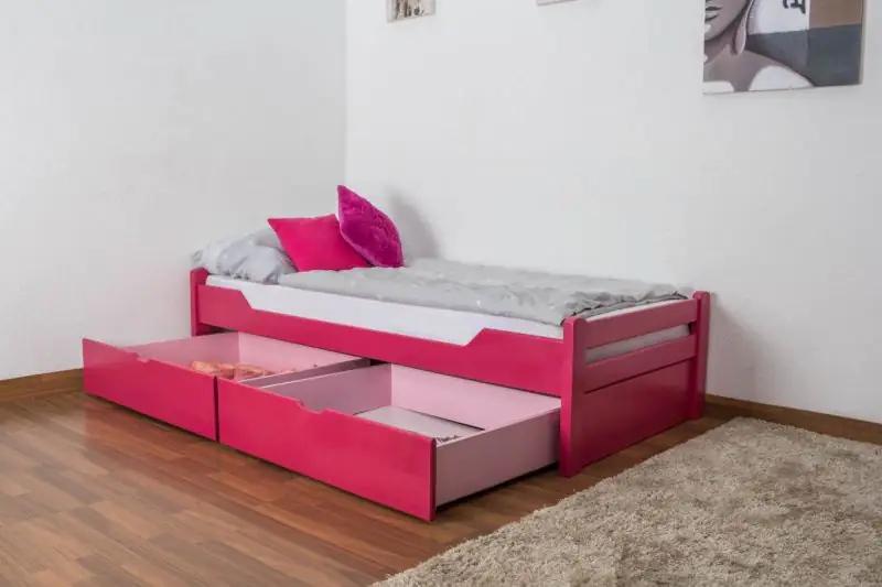 Eenpersoonsbed / tienerbed "Easy Premium Line" K1/1n incl. 2 laden en 2 afdekpanelen, 90 x 200 cm massief beukenhout kleur: roze
