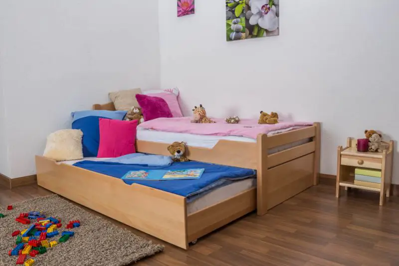 Kinderbed / jeugdbed "Easy Premium Line" K1/h Volledig incl. 2e slaapplaats en 2 afdekplaten, 90 x 200 cm massief beukenhout natuur