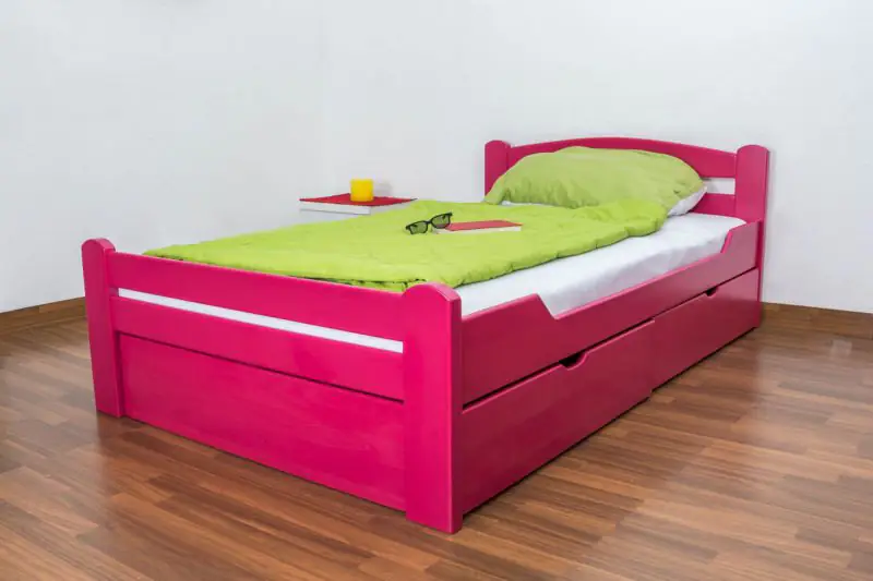 Eenpersoonsbed / logeerbed "Easy Premium Line" K4 incl. 2 laden en 1 hoesje, 120 x 200 cm massief beukenhout kleur: roze