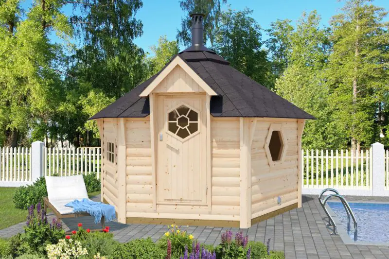 Buiten sauna / saunahuis Eisenhut 15 - Afmetingen: 326 x 376 x 310 (B x D x H), grondoppervlakte: 9 m², tentdak 