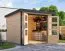 Tuinhuis / berging van onbehandeld Noorse spar met antracietkleurig metaalprofielen plaatstalen dak, dubbele deuren met licht uitsparingen, cilinderslot, 2,38 × 2,42 m