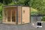 Buiten sauna / saunahuis Bugnara 03 / Noordse spar / 38 mm wand dikte / Metalen frame: Antraciet / 276 x 276 x 232 cm / 9 kW kachel met bedieningseenheid / 3 espen banken