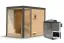 Buiten sauna / saunahuis Bugnara 01 / Noordse spar / 38 mm wand dikte / 191 x 276 x 232 cm / 9 kW biokachel met regelunit / incl. lamellenwanden als laagbescherming