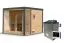 Buiten sauna / saunahuis Bugnara 03 / Noordse spar / 38 mm wand dikte / Metalen frame: Antraciet / 276 x 276 x 232 cm / 9 kW kachel met bedieningseenheid / 3 espen banken