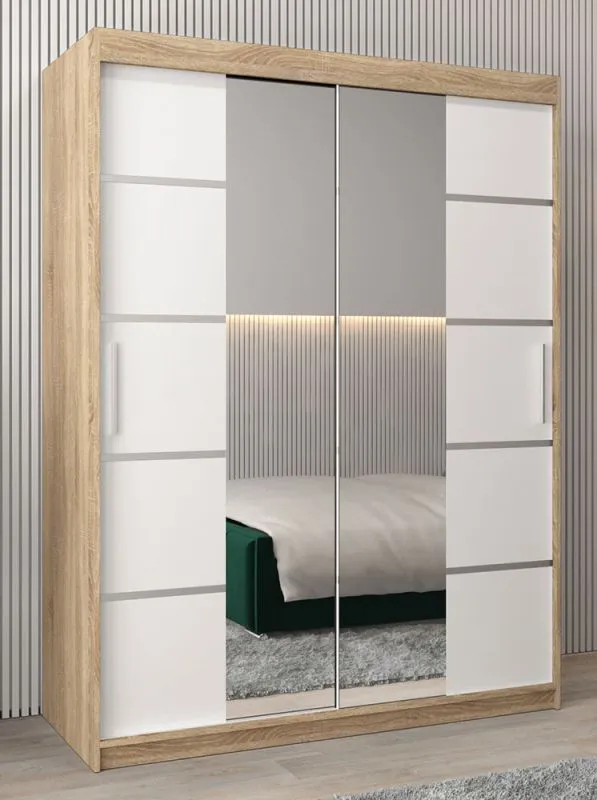 Schuifdeurkast / kleerkast Jan 03D met spiegel, kleur: sonoma eiken / mat wit - afmetingen: 200 x 150 x 62 cm (H x B x D)