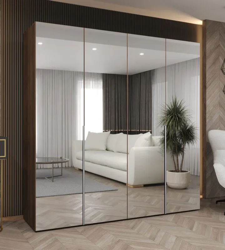 Draaideurkast met draaideuren, 1,5 meter breedte / Kleur: walnoot / drie spiegeldeuren / Handgrepen: zilver / Soft-Close functie / twee vakken / twee kledingstangen