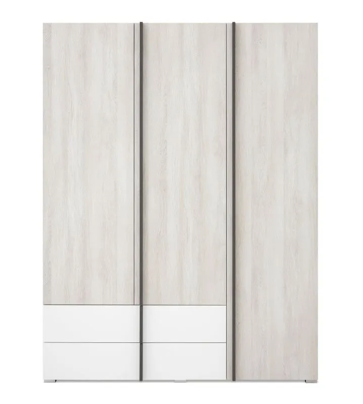 Grote kast met drie deuren, model Schilde 01, kleur: wit eiken / wit / antraciet - Afmetingen: 195 x 150 x 53 cm (H x B x D)
