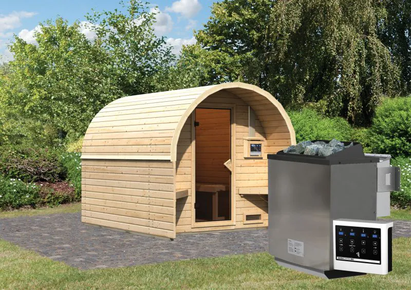 Fasshaus 2 SET met BIO-kachel 9 kW, incl. 2 banken en een gebronsde glazen deur, kleur: onbehandeld - 219 x 295 cm (B x D), grondoppervlakte: 4,9 m²