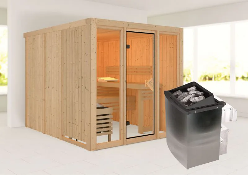 Sauna "Druna" SET met bronskleurige deur en glazen front - kleur: natuur, kachel 9 kW - 216 x 234 x 198 cm (B x D x H)