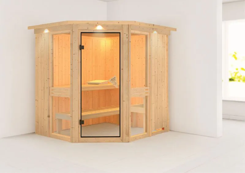 Sauna "Tjelvar 1" SET met bronskleurige deur en rand - Kleur: Natuurlijk - 210 x 184 x 202 cm (B x D x H)