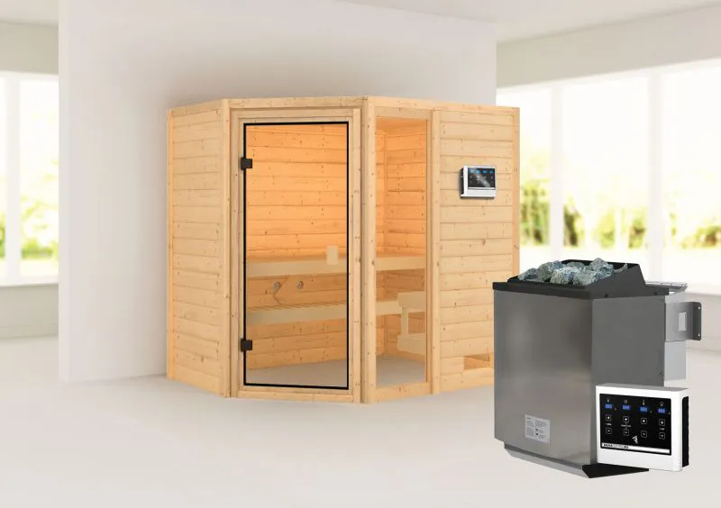 Sauna "Birger" SET met bronskleurige deur - kleur: onbehandeld, kachel BIO 9 kW - 196 x 146 x 187 cm (B x D x H)