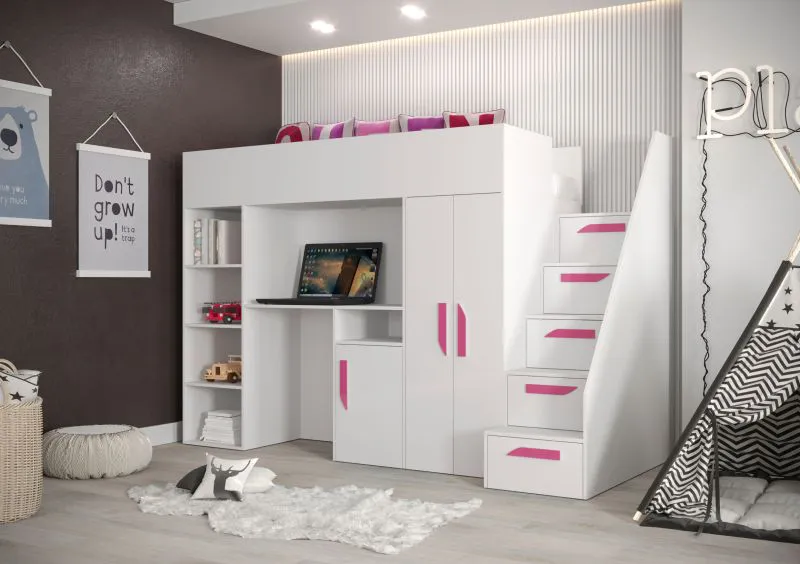 Functioneel bed / kinderbed / hoogslaper met opbergruimte en bureau Jura 22, kleur: wit / roze - afmetingen: 165 x 247 x 120 cm (H x B x D)