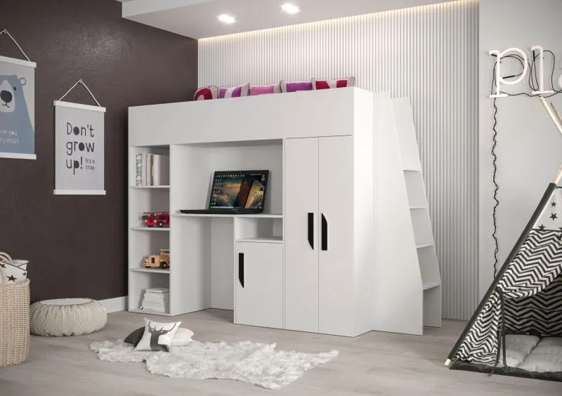 Hoogslaper / kinderbed / functioneel bed in één met bureau, trap en veel opbergruimte Jura 33, kleur: wit / zwart - matrasmaat: 90 x 200 cm