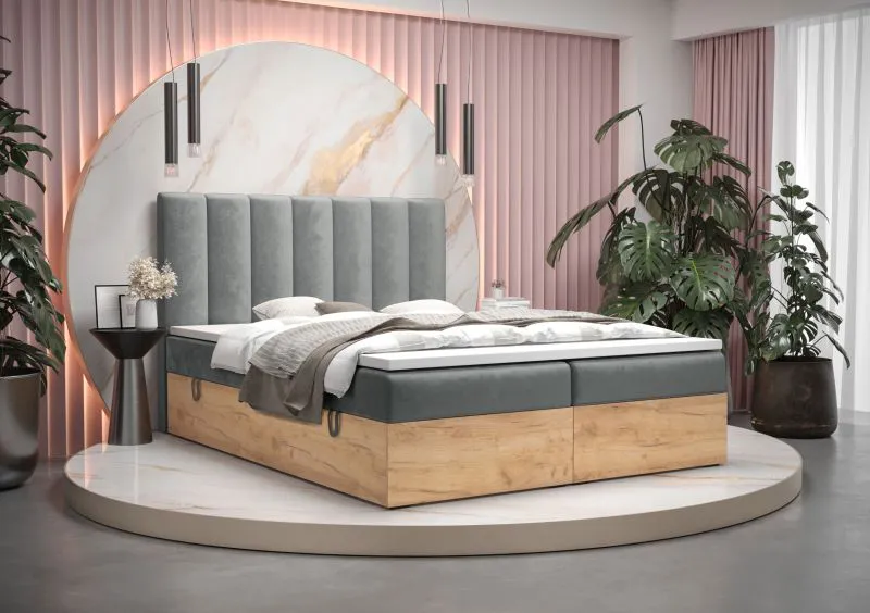 Boxspring bed met buitengewoon design Pilio 09, kleur: grijs / eiken goud ambacht - ligvlak: 160 x 200 cm (b x l)