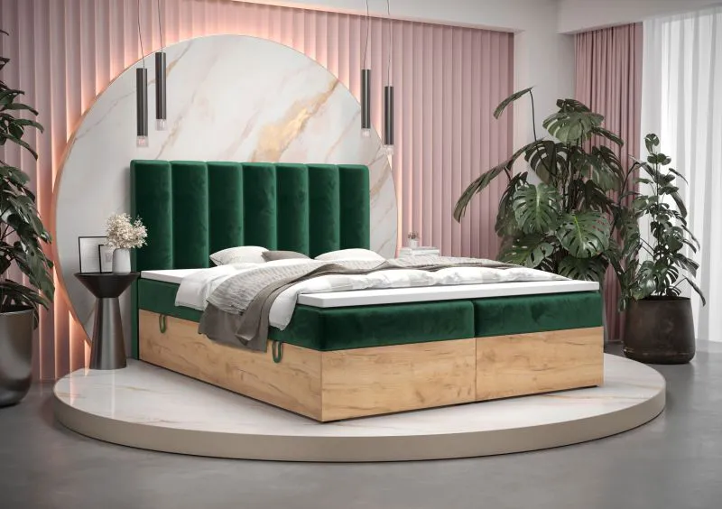 Elegant tweepersoonsbed met zachte veloursstof Pilio 13, kleur: groen / Golden Craft eiken ambacht - ligvlak: 180 x 200 cm (b x l)