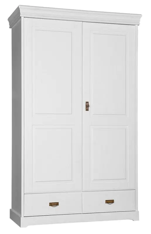 Draaideurkast / kledingkast Jabron 03, massief grenen, wit gelakt - 218 x 132 x 62 cm (H x B x D)