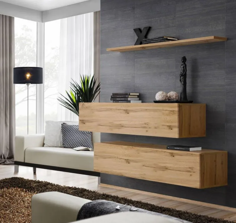 Set van 2 moderne TV-onderkasten met wandplank Balestrand 340, kleur: Wotan eik - Afmetingen: 110 x 130 x 40 cm (H x B x D), met vier vakken