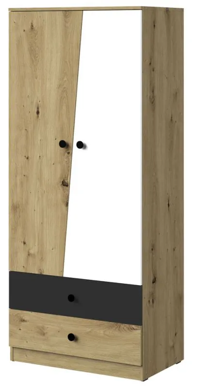 Draaideurkast / kleerkast Sirte 01, kleur: eiken / wit / mat zwart - afmetingen: 190 x 80 x 50 cm (H x B x D)