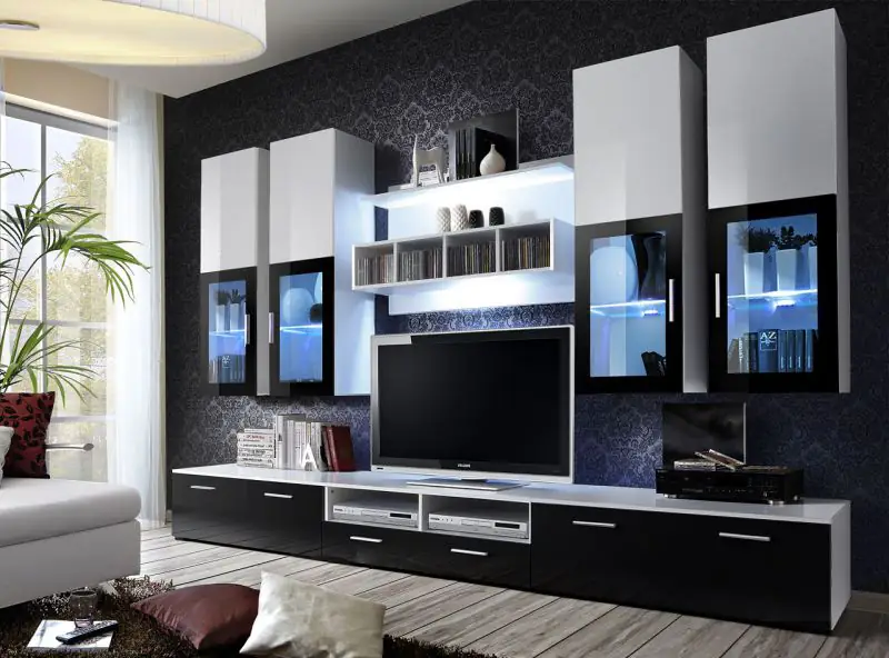 Hangelement in stijlvol Bjordal 56 design, kleur: wit hoogglans / zwart hoogglans - Afmetingen: 190 x 300 x 45 cm (H x B x D), met twee laden