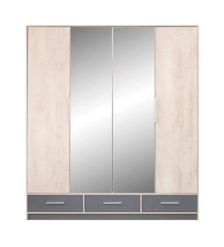 Draaideurkast / kledingkast met spiegel Beerzel 01, kleur: eiken / grijs - Afmetingen: 230 x 204 x 60 cm (H x B x D)