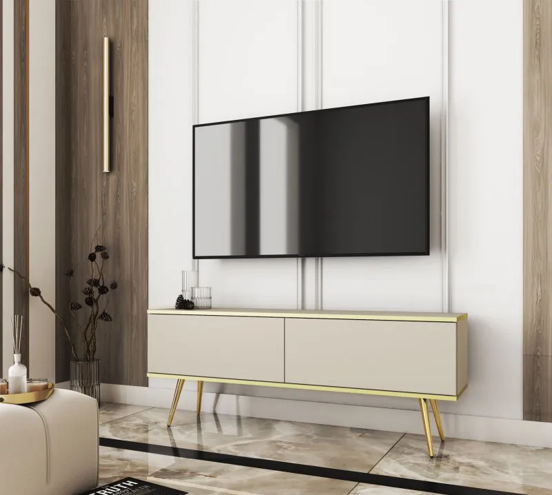 TV-kast / TV-meubel met push-to-open-functie Horsham 48, kleur: beige, poten: goud, aan de muur te bevestigen, twee kiep- kantelvakken, ABS-randafwerking, voor de woonkamer