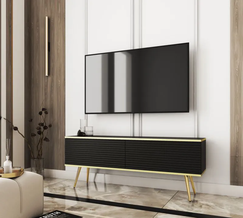 Moderne TV-onderkast met geribbeld front Horsham 37, kleur: zwart, push-to-open-functie, poten: goud, aan de muur te bevestigen, ABS-randbescherming