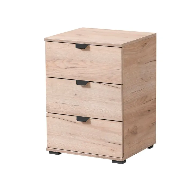 Modern nachtkastje met drie laden Pecini 10, kleur: eikengrijs, handgrepen en poten: zwart, afmetingen: 63 x 45 x 40 cm, ABS randbescherming, voor slaapkamers