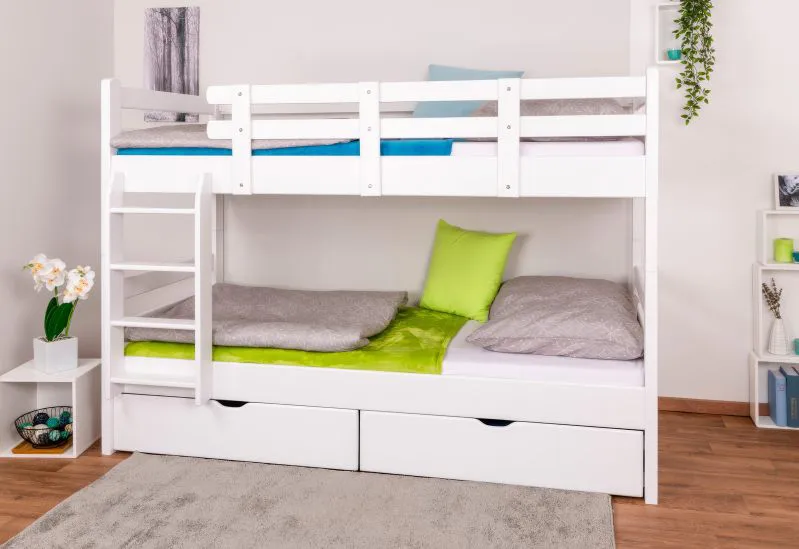 Stapelbed voor volwassenen "Easy Premium Line" K20/n incl. 2 laden en 2 afdekpanelen, hoofd- en voeteneinde recht, massief wit beuken - ligvlak: 90 x 200 cm, deelbaar
