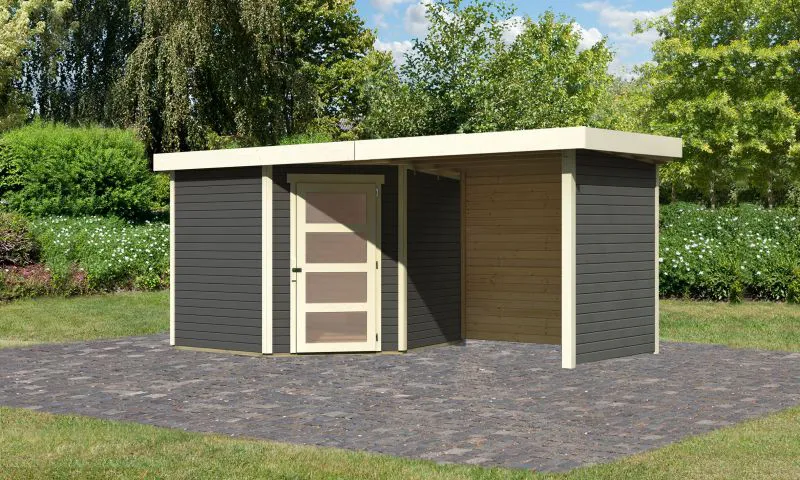 Berging / tuinhuis SET ACTION terra grijs met aanbouw dak 2,4 m breed, zij- en achterwand, grondoppervlakte: 5,76 m²