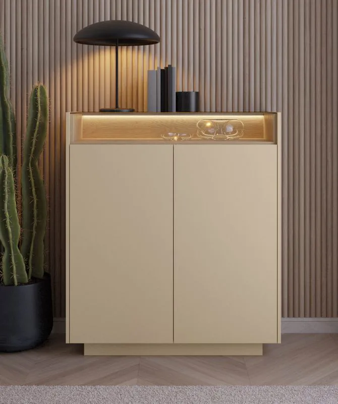 Ladekast / commode | Kleur: cacao / eiken Cremona | 2 draaideuren | incl. LED verlichting | 7 vakken | 103 x 40 x 119 cm | Push-to-open-functie | highboard | ABS-randen