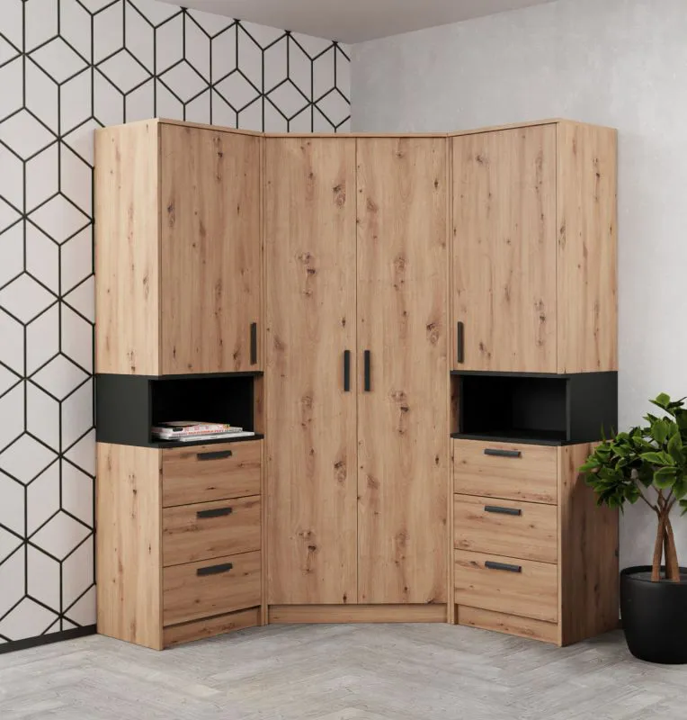 Hoekkledingkast - Set Fafe / 3-delig / kleur: Artisan eiken / zwart / genoeg opbergruimte / Soft-Close functie / 2 open vakken