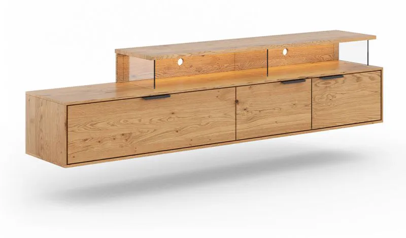 TV-onderkast, hangkast Rania 04 voor TV, 52 x 200 x 39 cm, gemaakt van geolied massief hout, in eiken natuur, incl. LED-verlichting