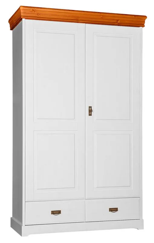 draaideurkast / kledingkast Jabron 03 , massief grenen, kleur: wit / grenen - 218 x 132 x 62 cm (H x B x D)